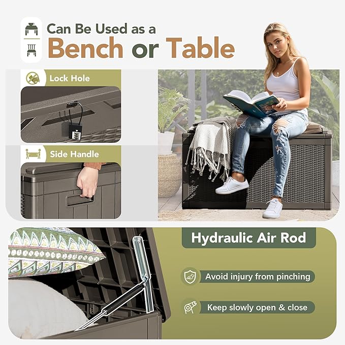 Flamaker Deck Box with Cushion 100 Gallon Waterproof Resin Storage Box with Air Rod Indoor Outdoor Lockable Storage Bench for Patio Furniture, Tools, Pool Accessories (Brown)