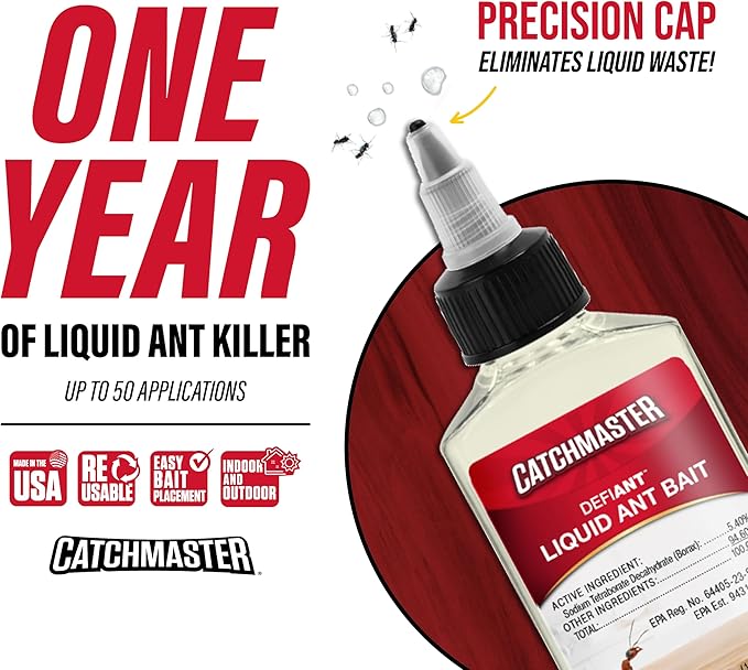 Catchmaster DEFIANT Premium Liquid Ant Killer, 1-Year Supply, Kills the Queen and Colony, No Mess Precision Bottle, Reusable Ant Traps Indoor & Outdoor, Pest Control Traps, Made in USA