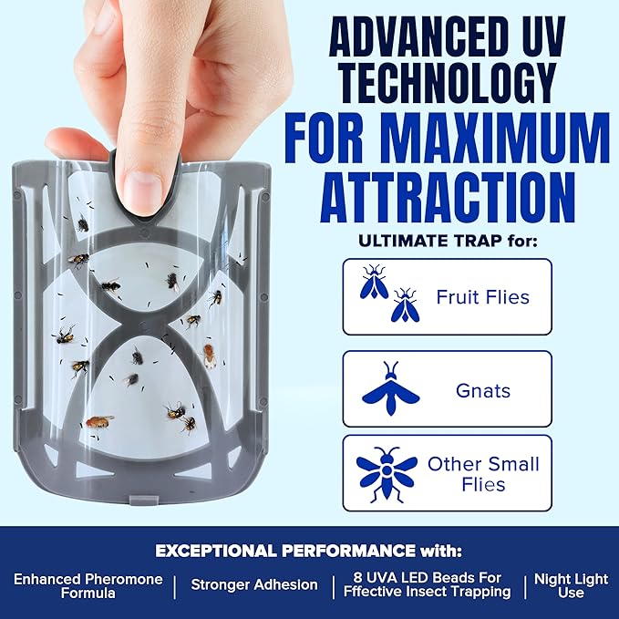 1 Fruit Fly Trap & 5 Adhesive Cartridges, Indoor Plug-in Bug Catcher, UV Light Fly Trap Captures Fruit Flies, Gnats, Houseflies, Moths, and Flying Insects for Kitchen, Bathroom, Plant Areas
