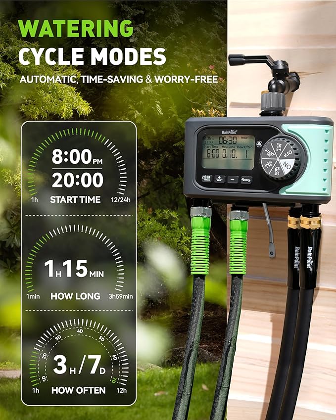 RAINPOINT Sprinkler Timer, 4 Outlets Hose Timers, 4 Zone Water Timer for Watering with Rain Delay/Manual/Automatic Timed Irrigation Controller System for Lawn