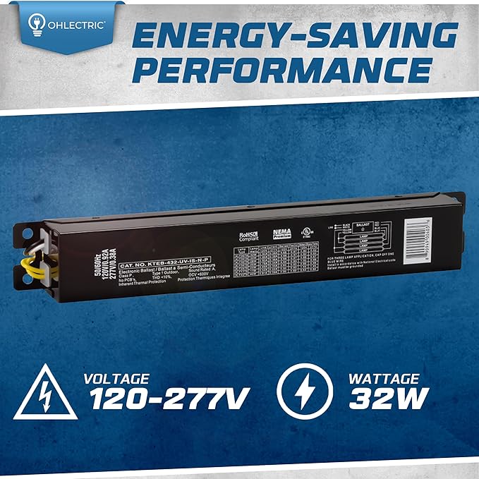 OHLECTRIC 2 Pack - Replacement for Keystone KTEB-432-UV-IS-N-P 4 Lamp T8 Electronic Fluorescent Ballast with Normal Light Output | 120-277V Input with Instant Start Operation | 0.88 Ballast Factor