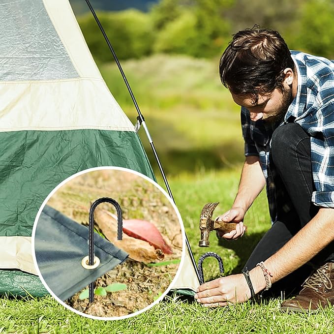 Rebar-Stakes-12Inch,J Hooks Ground Stakes Anchors for Gardening Black Coated Ground Stakes 20pcs Anti-Rust Heavy Duty Dog Fence Fixed Water Pipes Soccer Goals Tent Camping Trampoline