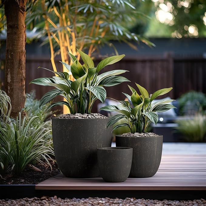Kante 18",14",10" Dia Concrete Round Planters (Set of 3), Outdoor Indoor Large Planter Pots with Drainage Hole and Rubber Plug for Home Patio Garden, Oil Rubbed Bronze
