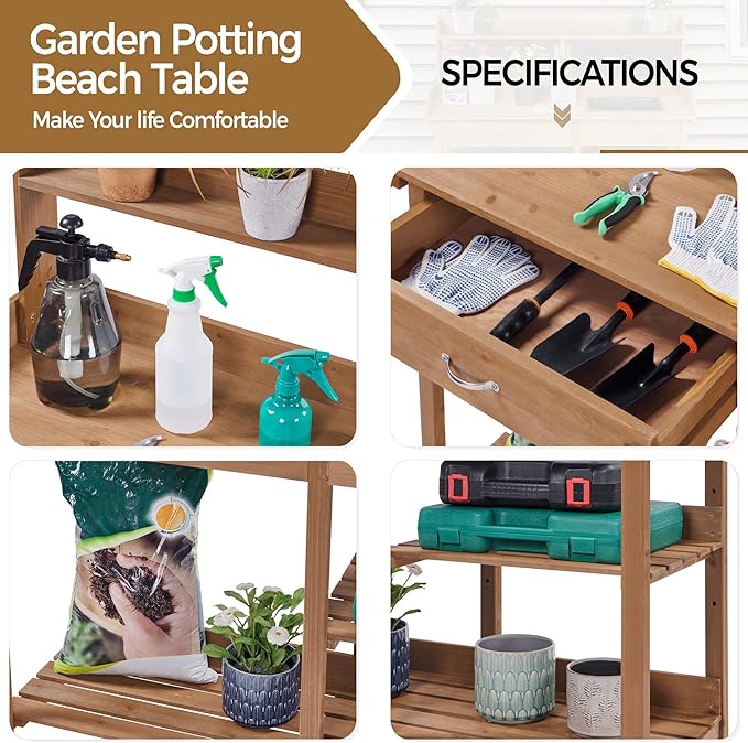 Yaheetech Potting Bench Outdoor Garden Work Bench Station Planting Solid Wood Construction for Horticulture w/Sink Drawer Rack Shelves Brown