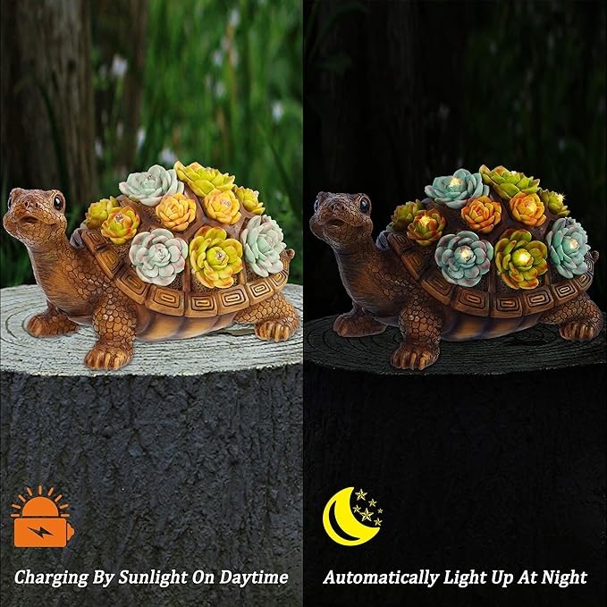 FORUP Turtle Garden Statue, Resin Turtle Figurine Garden Lawn Ornaments with Solar LED Lights for Outdoor Yard Garden Decorations
