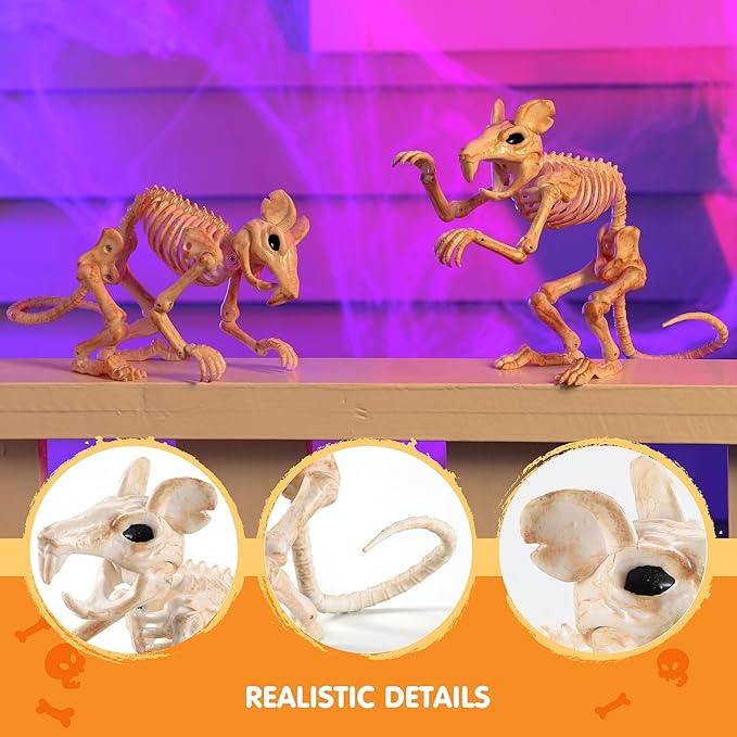 JOYIN 2 PCS Rats Skeleton Halloween Decoration 11 Inch Long Small Animal Skeleton Plastic Mouse Bones for Yard Garden Lawn Patio Graveyard Haunted House Halloween Party Favors Decor