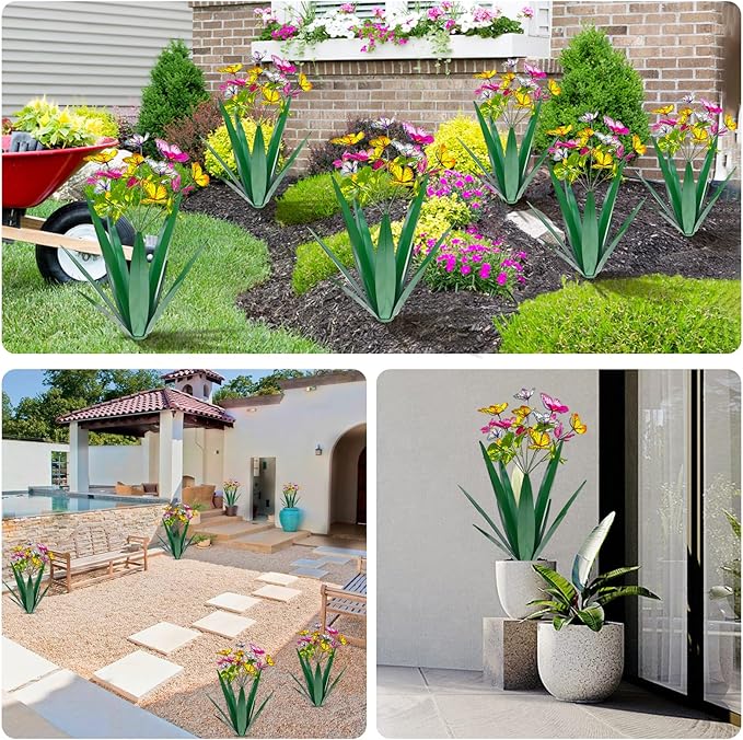 TOMBABY Garden Outdoor Butterfly Enlarge Thickened Wind Resistant Metal Agave Garden Art Metal Plant Country Sculpture Statue Decorations Ornaments Artificial Waterproof Butterflies(Green 3pcs)
