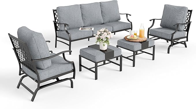 Patio Furniture Set 5 pcs, Outdoor Patio Furniture, 3-Seat Sofa, 2 Rocking Chairs, 2 Ottomans and 5.75" Extra Thick Cushion, Patio Conversation Set for Garden Backyard Deck,Grey