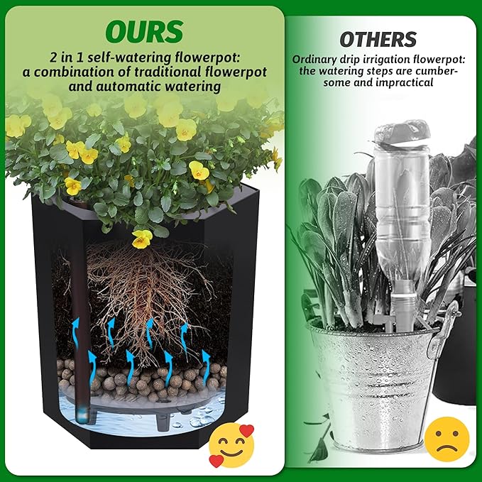 16 Inch Tall Outdoor Planters Set of 2, Self Watering Pots for Indoor Plants with Water Level Monitor & Drainage Hole & Wheels, Large Planter Pots for Garden, Patio, Balcony, Lounge, Black