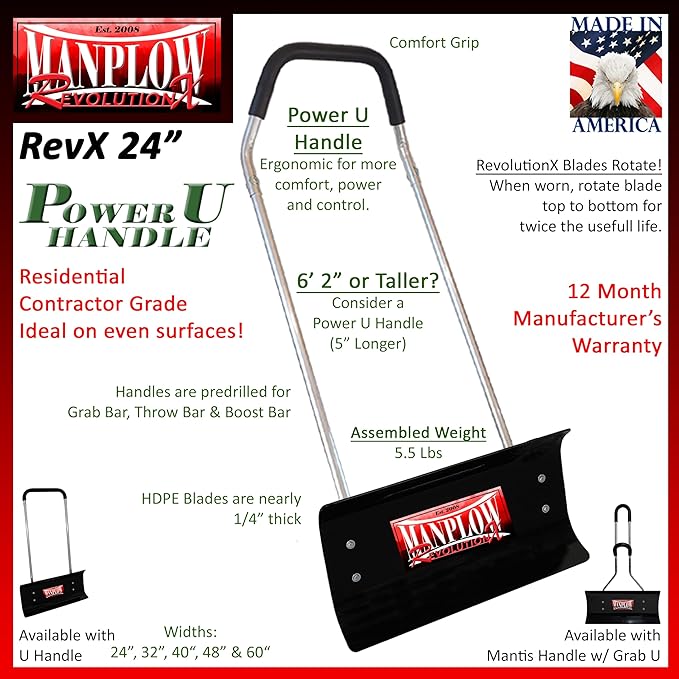 MANPLOW RevolutionX Snow Pusher (MANPLOW RevolutionX with Power U Handle Upgrade, 24")