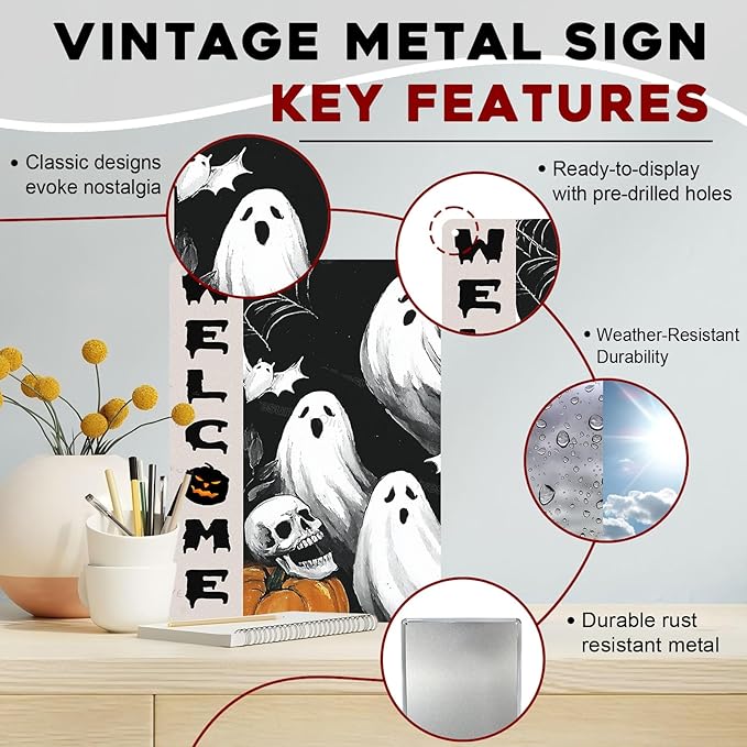 Welcome Halloween Ghost Metal Tin Sign Vintage Retro Wall Decor Rustic Metal Poster For Home Yard Outdoor 12x16inch
