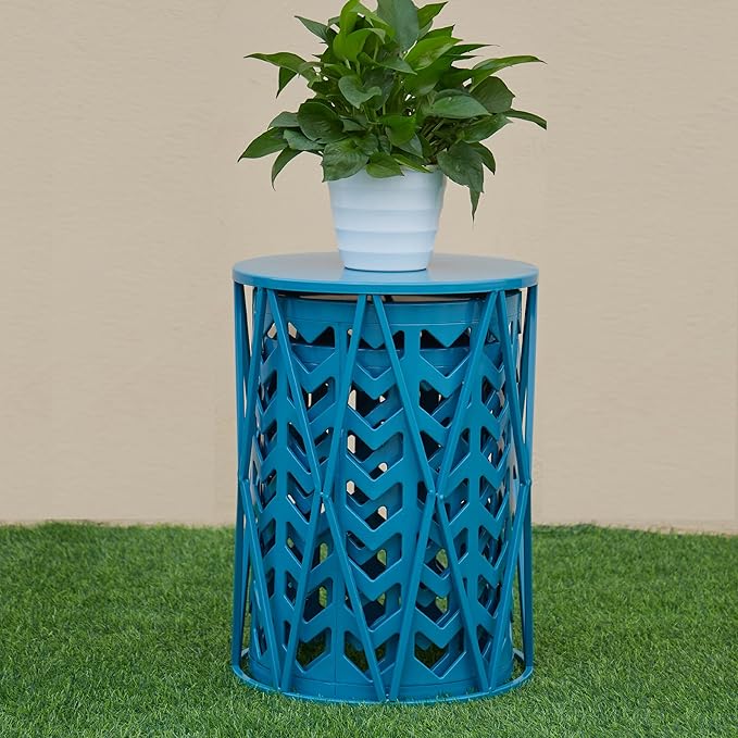 Y&M Set of 3 Nesting Metal Round Coffee Table, Side Table End Table for Indoor Outdoor Multifunctional Use,Heavy Duty Metal Plant Stand Decorative Garden Stool- Blue(Ship from US)