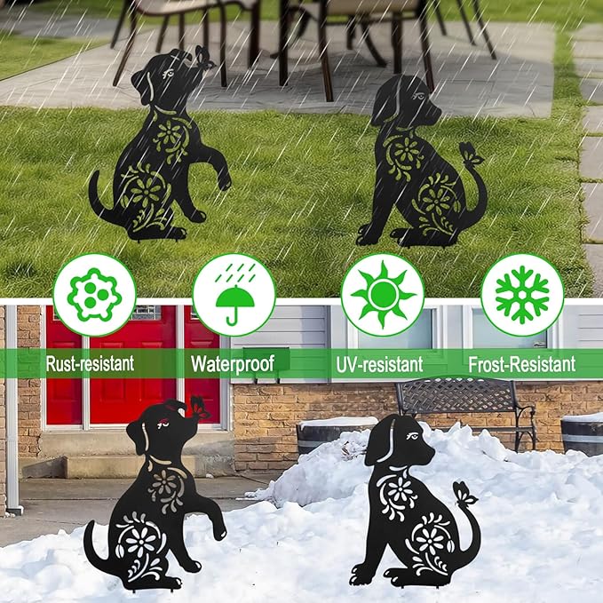 Metal Dog Garden Stake,Metal Dog Garden Decor for Outside,Patio,Outdoor,Charming Set of 2 Dogs Statues for Garden