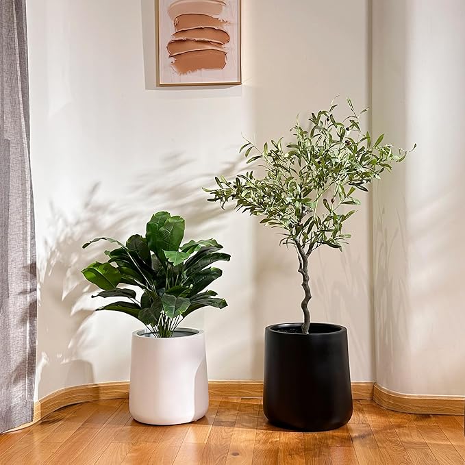 13" H x 12.6" D Conico Fiberstone Round Planter with Drainage Hole, Smooth Finishes, Weather Resistant for Indoor and Outdoor Use, Included 2 Extra Coco Mats (White, 10" Pot Opening)