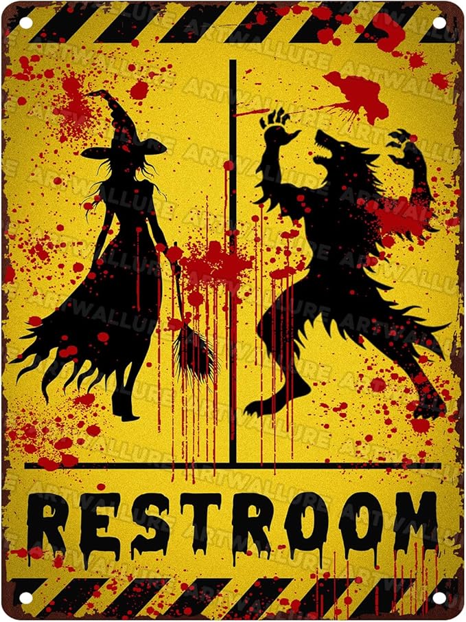 Halloween Restroom Decor Vintage Rustic Wall Art Retro Tin Plaque Iron Painting Funny Toilet Door 12x16inch