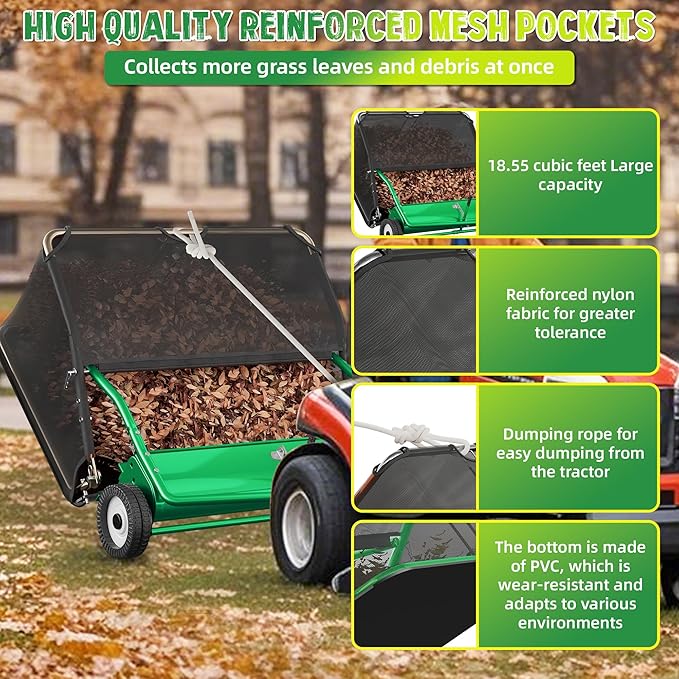 42" Lawn Sweeper Tow Behind, Grass Sweeper Tow Behind with 18.55 cu. ft Large Hopper, Heavy Duty Leaf & Grass Collector, Adjustable Brush Height Lever and Dumping Rope, Lawn and Yard Cleanup Tool