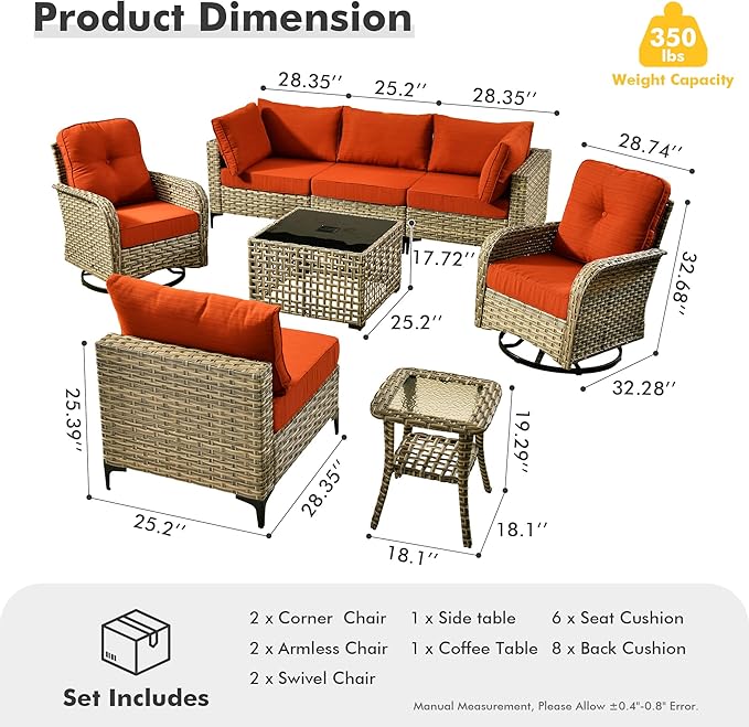 HOOOWOOO Outdoor Patio Furniture Set,8 Pieces Wicker Out Door Sectional Furniture L Shaped Couch,Patio Conversation Sets with Swivel Rocking Chair LED Table,Brick Red