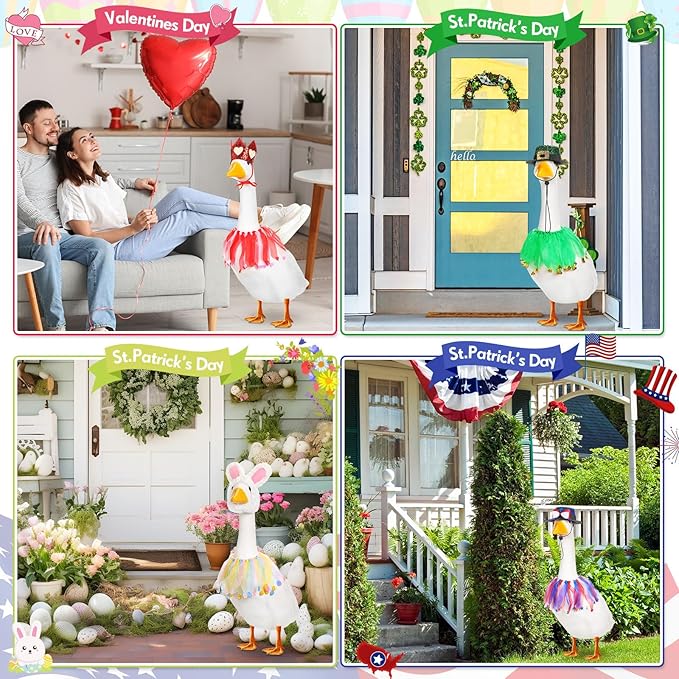 7 Set Holiday Porch Goose Outfits St. Patrick Easter 4th of July Halloween Thanksgiving Christmas Lawn Goose Clothing Hat and Tutu Collar Goose Outfit for 23" Goose Patio Yard Decor