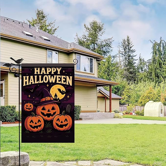 Happy Halloween Garden Flag Pumpkin Witch Hat Bats 12x18 Inch Double Sided Outdoor Yard Banner for Trick or Treat Haunted House Halloween Decoration Decor