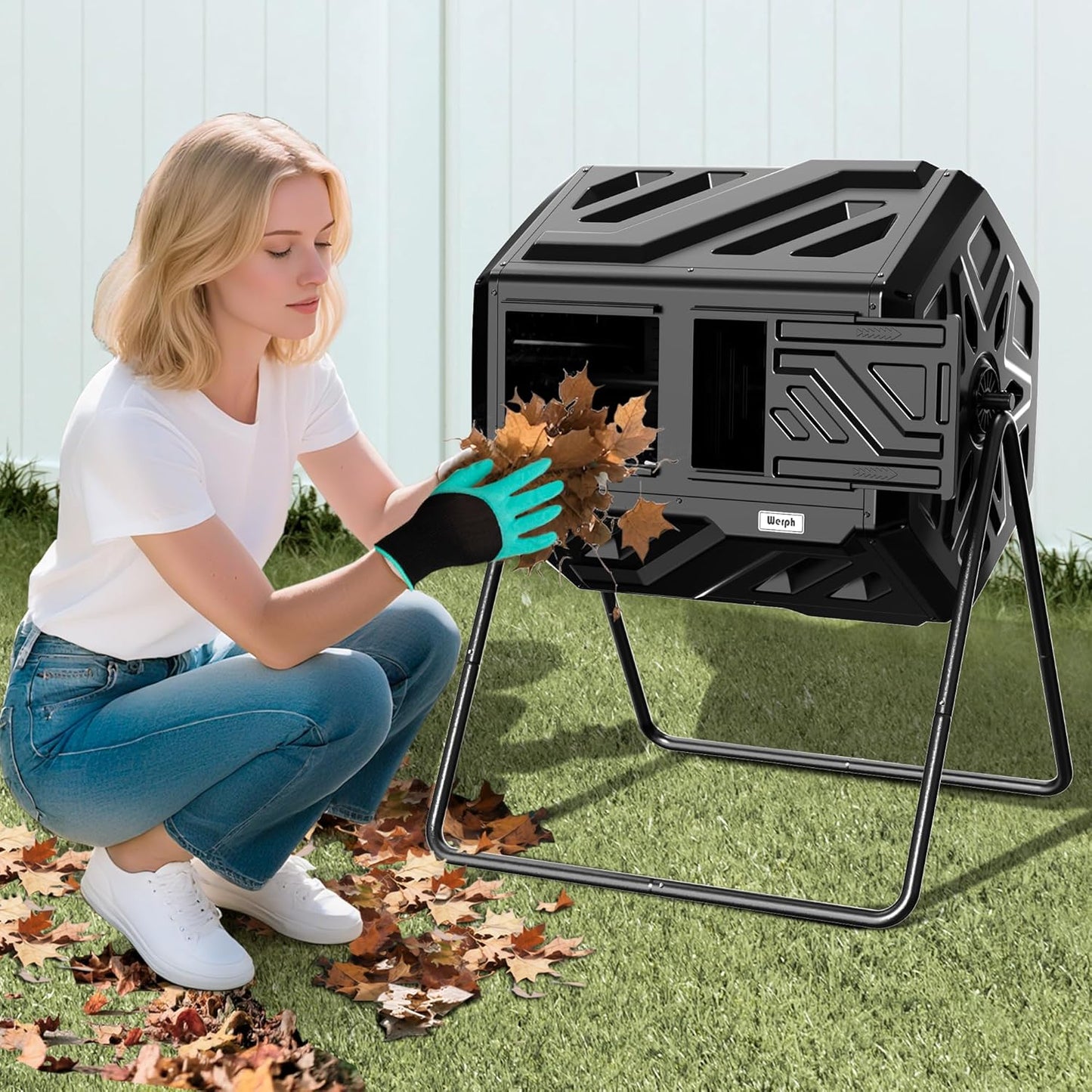 Compost Bin Outdoor Composter, Fast Assembly 43 Gallon Dual Chamber Outdoor Compost Tumbler, Heavy Duty Tumbling Rotating Composter for Patio, Garden,Yard, Black, Easy Setup, Gloves Included