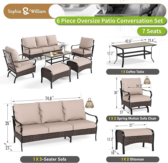 Sophia & William Metal Patio Furniture Set, 7 Seats Outdoor Conversation Set with 3-Seater Sofa, 2 Motion Chairs, 2 Ottoman, 1 Coffee Table for Seating Lawn Porch Backyard,Beige