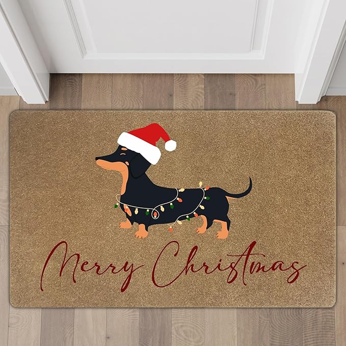 Merry Christmas Dachshund Faux Coir Door Mats Outdoor, Weiner Dog Gifts Door Mat for Home Outside Entryway, Christmas Dog Welcome Doormat for Indoor Outdoor Porch Entrance, 17x30 Inch