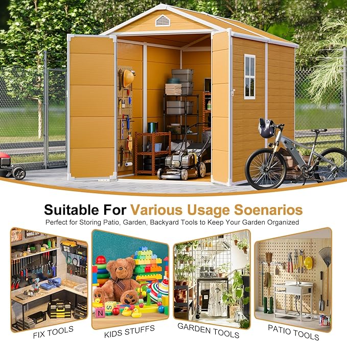 Plastic Sheds 8x6 Resin Outdoor Storage with Floor Included, Waterproof Lockable Garden Shed Tool Cabinet Brown