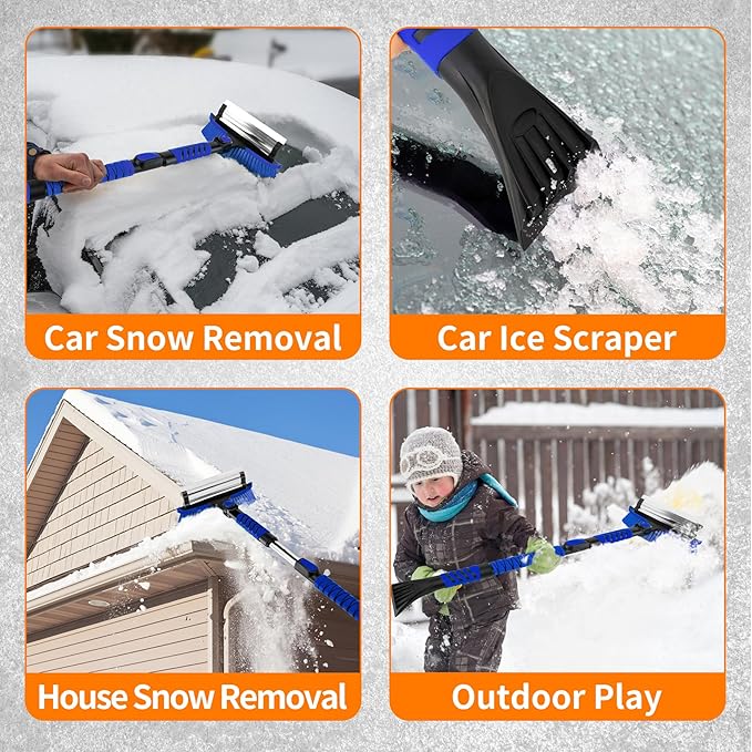 METOWARE 44'' Snow Brush and Ice Scrapers for Car Windshield, Extendable Snow Brush for Car with Ergonomic Foam Grip and 360° Pivoting Brush Head for Car SUV Truck Blue