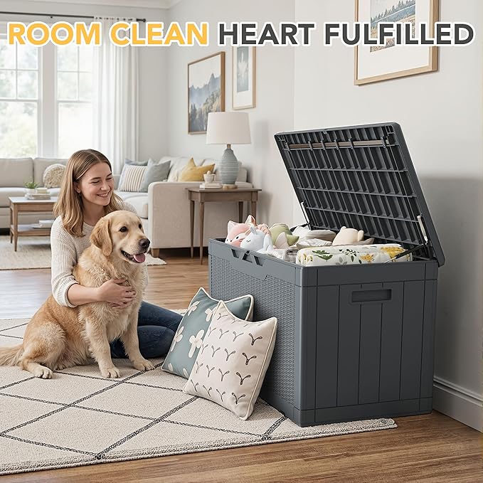 Greesum 100 Gallon Resin Deck Box Lockable Large Outdoor Storage Boxes for Garden Tools, Patio Furniture Cushions, Pool Supplies, Gray