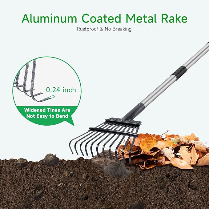 GreatBuddy Adjustable Leaf Rake, 8'' Wide Metal Rake, Perfect for Shrub, Flower Bed & Small Area, 29''- 72'' Expandable Stainless Steel Handle, Easy to Use