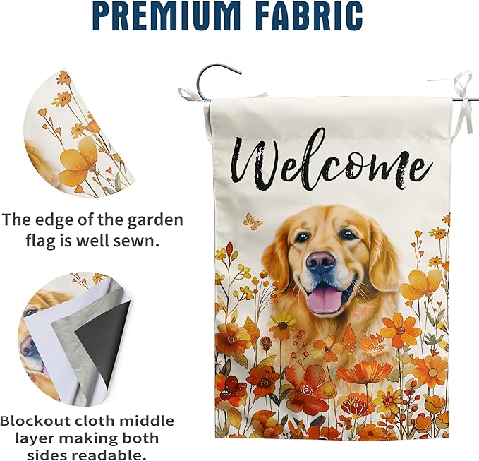 Floral Golden Retriever Garden Flag Fall Yard Flag Wildflower Dog Garden Flags Orange Autumn Lawn Flags Welcome Thanksgiving Outdoor Flags for Outside 12x18 Double Sided Small