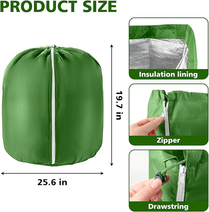 2 Pcs Plant Pot Covers Freeze Protection for Winter - Potted Plant Winter Protection Frost Jacket with Zipper Drawstring to Keep Outdoor Plants Flowers Shrubs Trees Warm (25.6"D x 19.7"H - Green)