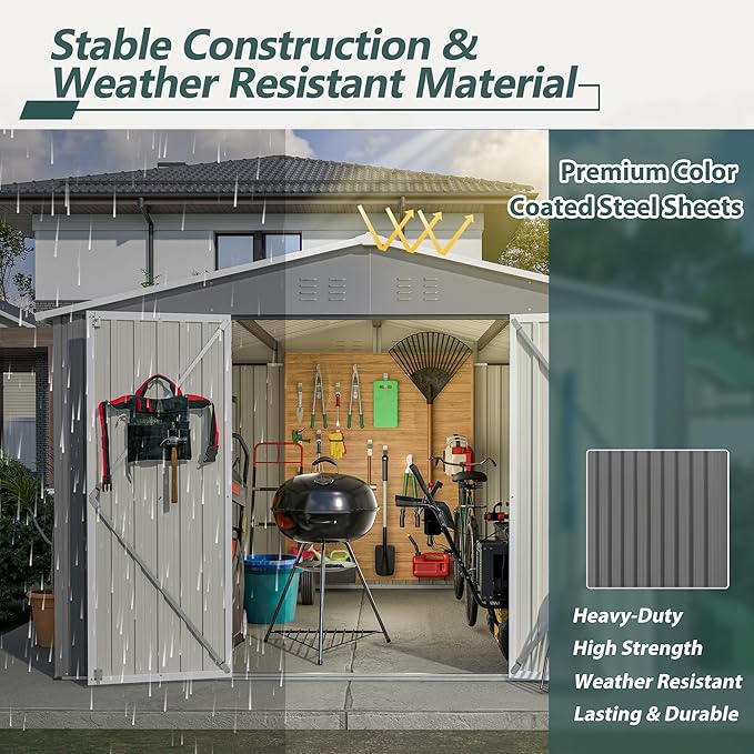 10×10 FT Outdoor Storage Shed,Metal Aluminum Waterproof Tool Sheds with Doors and Vents,Heavy-Duty Sheds Unit W/Lock and Key,for Storing Bicycles,Lawnmowers,Barbeques,Gray