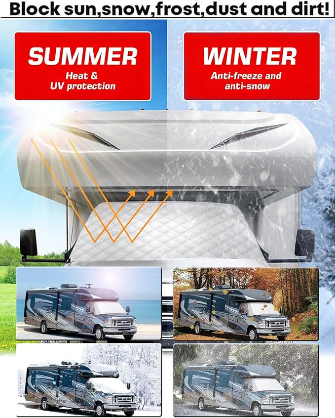 RV Windshield Cover For Class C Ford E450 1997-2025 Motorhome,Windshield Snow Cover For Ice And Snow, RV Front Window Sunshade Cover Block UV Ray Heat RV Accessories [With Snow brush Ice Scrapers]