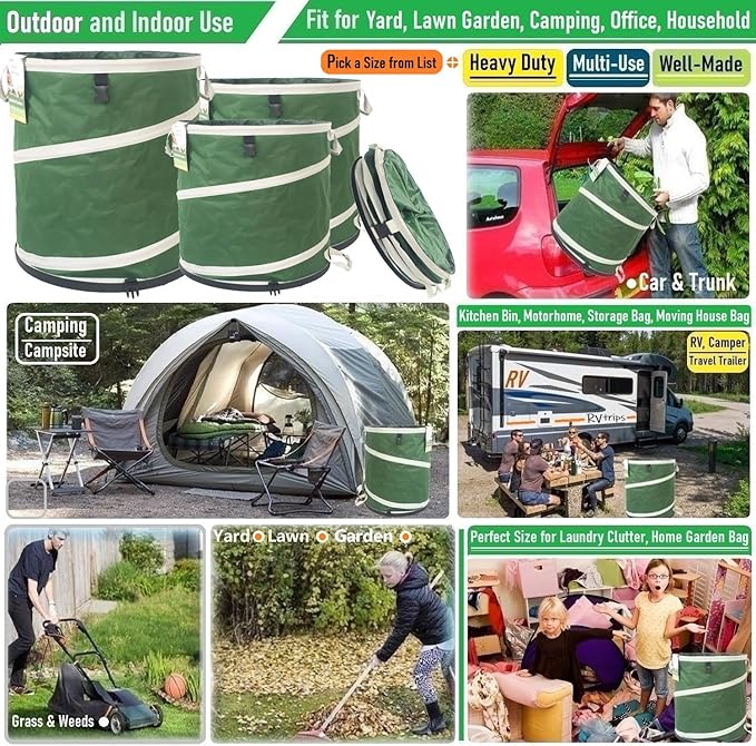 2-Pack 24 Gallon Collapsible Trash Can (19x21 in) Solid Bottom for Pop-Up Trash Can,Recycling Bin,Camping Waste Bin,Laundry Hamper,Yard Waste Bag,Yard Debris Bag,Lawn Grass,Garden Weeds Bags,Leaf Bags