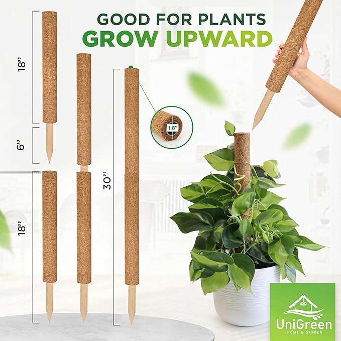 UNIGREEN 2Pack 30'' Premium Moss Pole, Coir Totem Poles for Indoor Plants, 18'' Moss Sticks, Garden Ties - Support and Train Creepers and Climbing Plants
