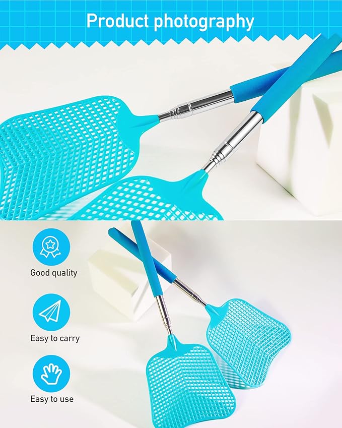 Wapodeai 2 Pack Fly Swatters Heavy Duty Set, Telescopic Fly Swatter, Stainless Steel Handle for Flyswatter (Blue)