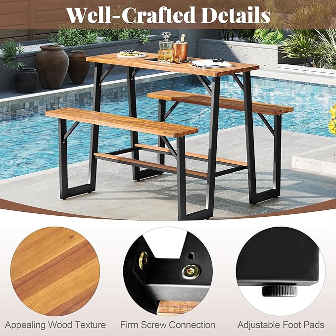Tangkula Acacia Wood Picnic Table, 4-Person Outdoor Rectangular Table and Bench Set with 2 Built-in Benches, Footrests, Umbrella Hole, Heavy-Duty Metal Frame for Backyard, Poolside, Garden (Natural)