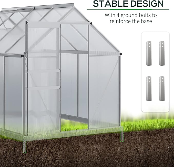Outsunny 8' x 6' x 6.5' Polycarbonate Greenhouse with Aluminum Frame, Walk-in Heavy Duty Greenhouse with Adjustable Roof Vent, Rain Gutter and Sliding Door for Winter, Silver