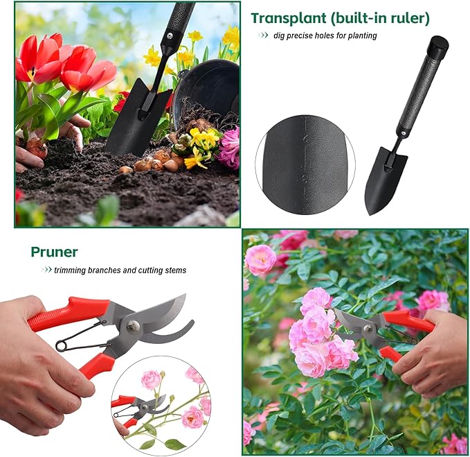 Garden Tools Set with Extension Handles, 5 Piece Thick Gardening Hand Tools, Heavy Duty Steel Rust-Proof Weeding Planting Tool Ideal Gardening Kit Gifts for Women and Men