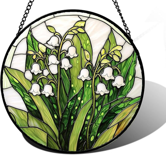 Stained Glass Window Hanging, Lily of The Valley Flower Sun Catchers Colorful Glass Panel Green Plants Suncatcher Decor for Birthday for Women, Men,Wife, Lovers, and Mom 9.8 in