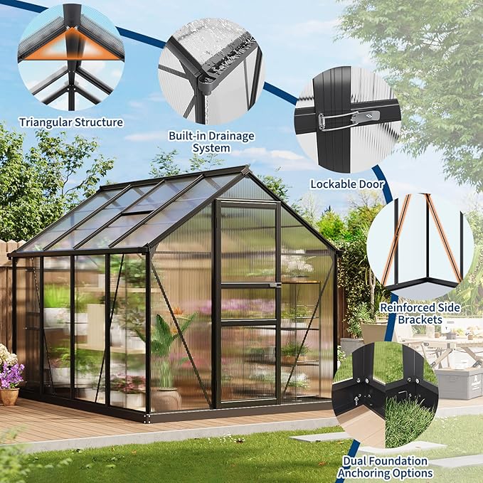 Greenhouse, 6×8FT Greenhouses for Outside, Polycarbonate Greenhouse with Aluminum Frame, Lockable Door and Ajustable Roof Vent for Backyard, Green Houses for Outside Garden Backyard, Patio
