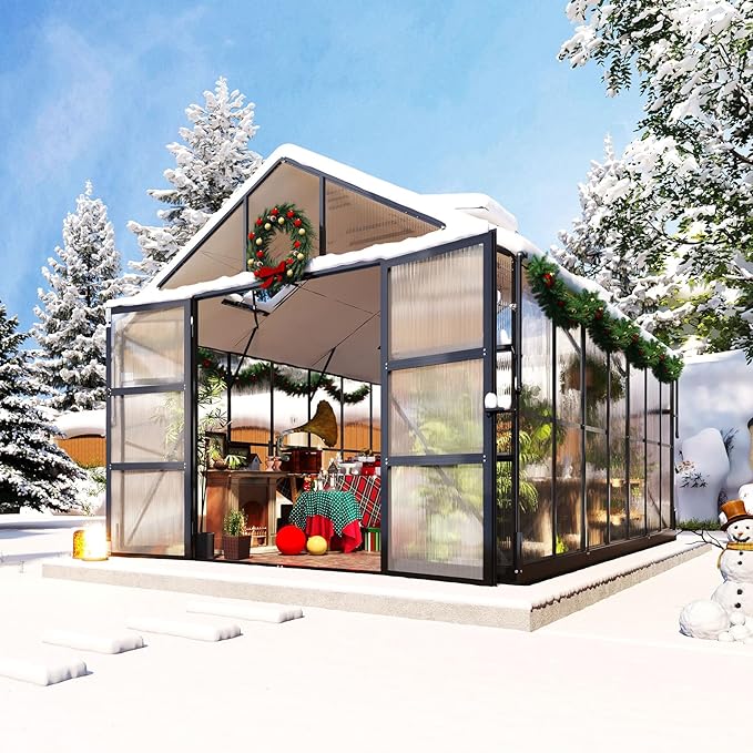 AMERLIFE 10x14x8.4 FT Polycarbonate Greenhouse, Heavy-Duty Aluminum Frame Outdoor Greenhouse with 4 Roof Vents & Rain Gutters for Backyard Garden, Black