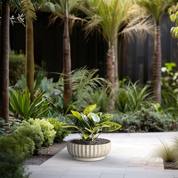 Kante Round Fulted Bowl Planter, 14.6 Inch Dia Large Concrete Flower Pots with Drainage Hole and Rubber Plug, Suitable for for Indoor Outdoor Plants, Home, Patio, Garden, Weathered Concrete