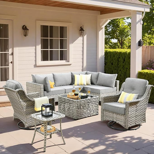 HOOOWOOO Outdoor Patio Furniture Set,8 Pieces Wicker Out Door Sectional Furniture L Shaped Couch,Patio Conversation Sets with Swivel Rocking Chair LED Table,Charcoal Gray