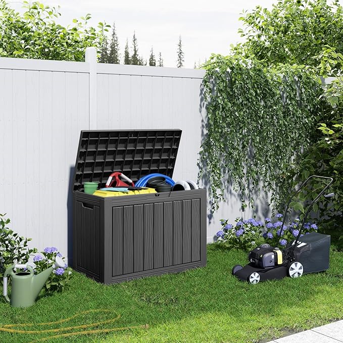 ROJIK Outdoor Storage Housing Deck Box - Waterproof Patio Furniture, Garden Tools, Cushions, Pool Accessories Storage Bench with Lockable Lid and Side Handles (Black 48 Gal)