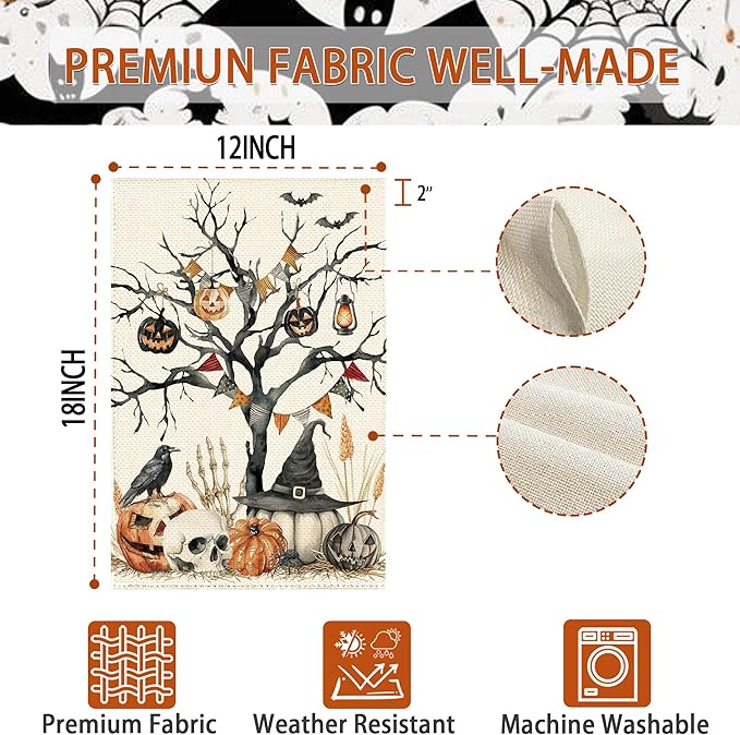 Halloween Black Tree Pumpkin Welcome Garden Flag 12 x 18 Inch Double Sided, Skull Crow Seasonal Burlap Small Yard Flag Farmhouse Holiday Patio Outdoor Outside Decoration