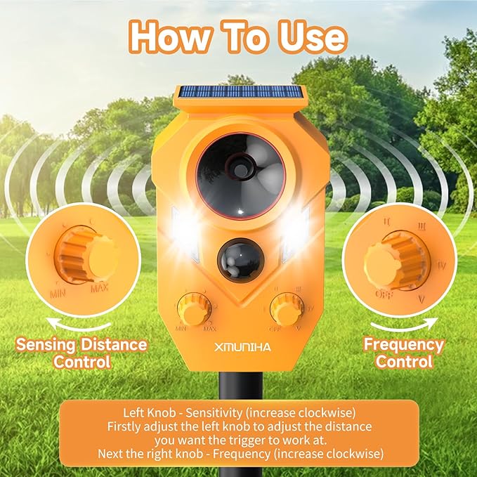 Solar Ultrasonic Animal Repellent Outdoor, Deer Repellent for Yard with RIP Sensor, IP65 Waterproof Squirrels Repeller, Effective Deterrent Cat, Raccoons, Skunks, Rabbits - Orange