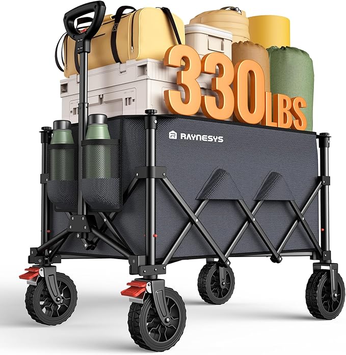 Wagons Carts Foldable, Collapsible Foldable Wagon 330lbs Capacity, 180L Large Capacity Foldable Wagon with All-Terrain Wheels,Heavy Duty Utility Wagon Cart with Brakes for Beach Camping Shopping, Grey