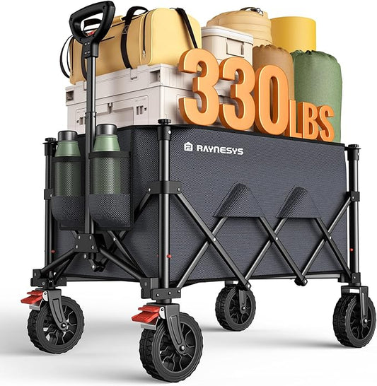 Wagons Carts Foldable, Collapsible Foldable Wagon 330lbs Capacity, 180L Large Capacity Foldable Wagon with All-Terrain Wheels,Heavy Duty Utility Wagon Cart with Brakes for Beach Camping Shopping, Grey